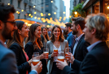 Elegant guests toast with champagne at a networking gala, celebrating in a warm, sophisticated setting.







