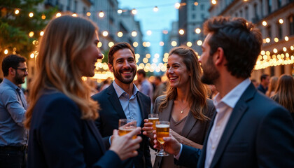 Elegant guests toast with champagne at a networking gala, celebrating in a warm, sophisticated setting.







