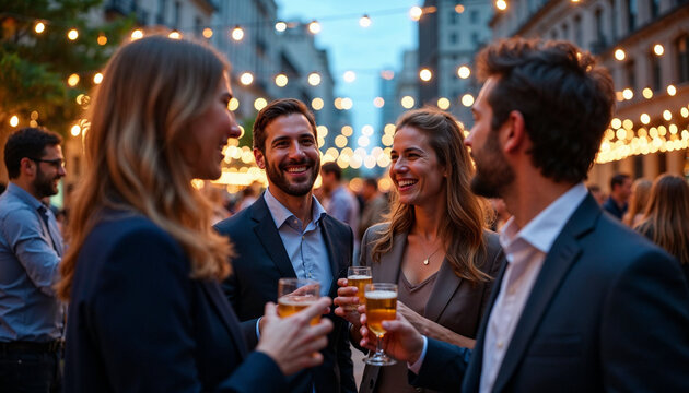 Elegant guests toast with champagne at a networking gala, celebrating in a warm, sophisticated setting.








