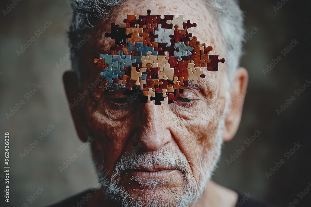 Aufkleber neocortex thalamus elderly man with fragmented puzzle pieces on his forehead illustrating the strugg