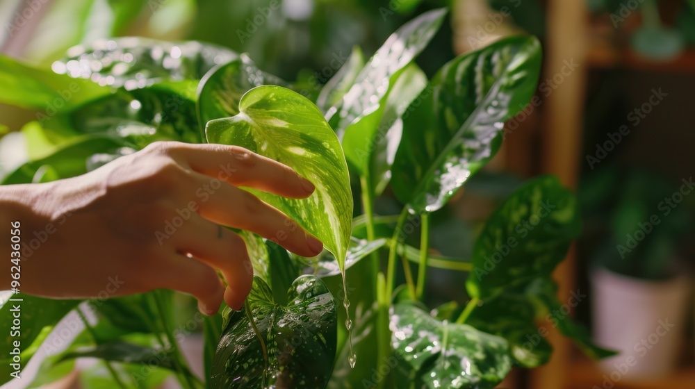 Poster hand touching a green plant leaf