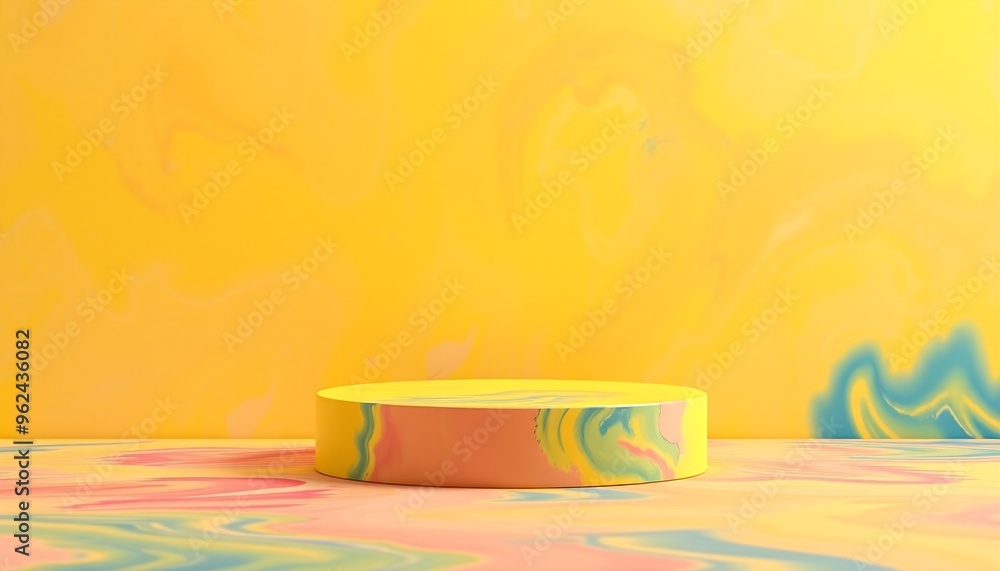 Wall mural Yellow podium pedestal with matte color background. Style-66