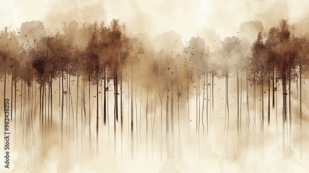 Poster abstract watercolor illustration depicting a forest with tall trees and a misty atmosphere. the mute
