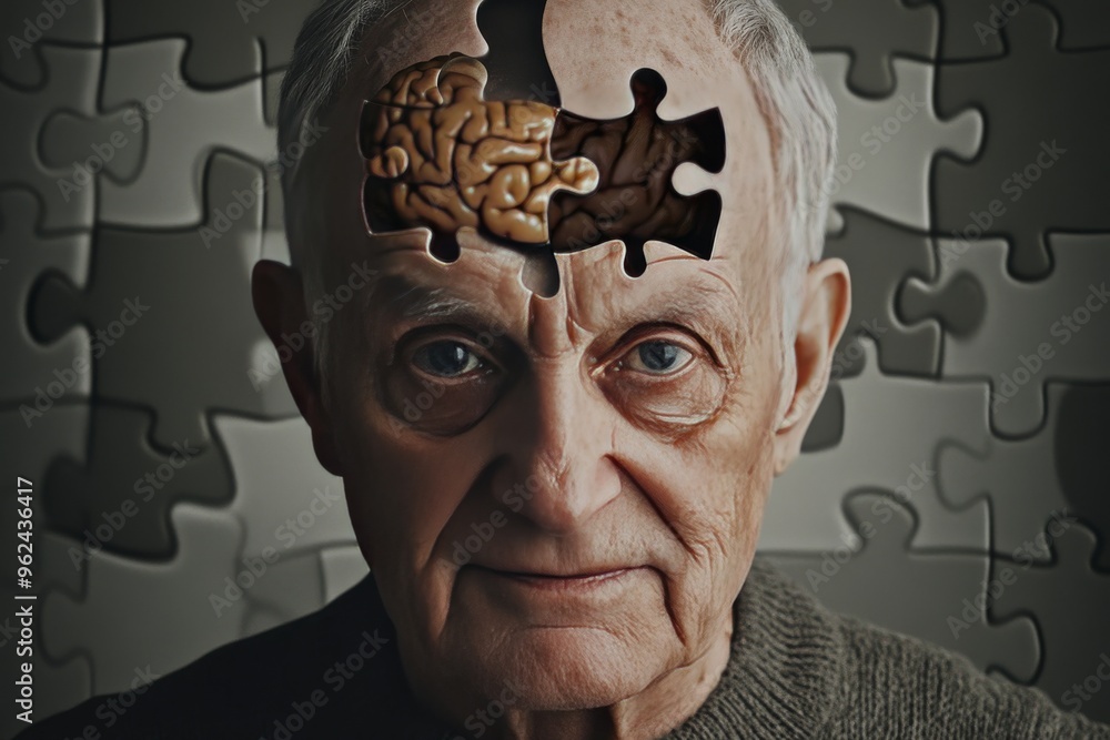 Aufkleber cerebral circuits thalamus elderly man with a brain shaped puzzle on his forehead representing the c