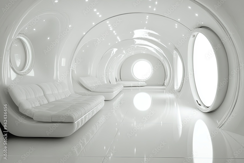 Poster modern minimalist living room with curved walls and circular windows illuminated by soft light in a 