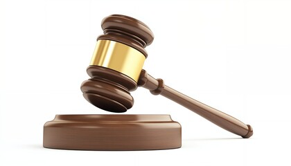 A wooden gavel with a gold band on a wooden base isolated on a white background.