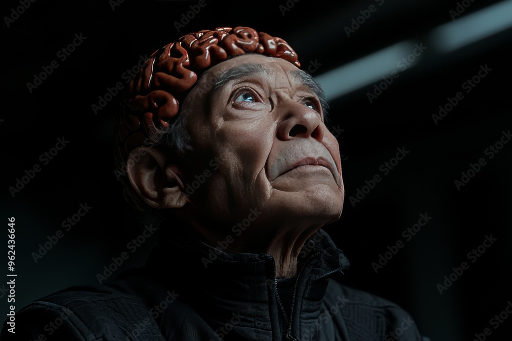 Poster cognitive neural system thalamus elderly man with a brain cap looking upwards representing the pursu