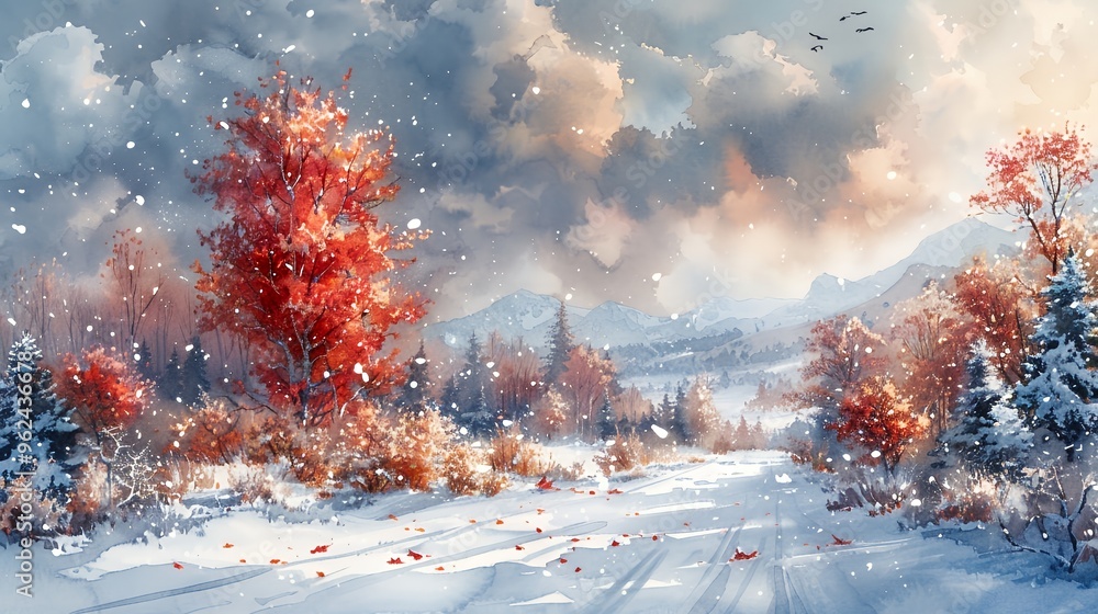 Poster a snowy winter scene with red-leafed trees in the foreground and snow-capped mountains in the distan