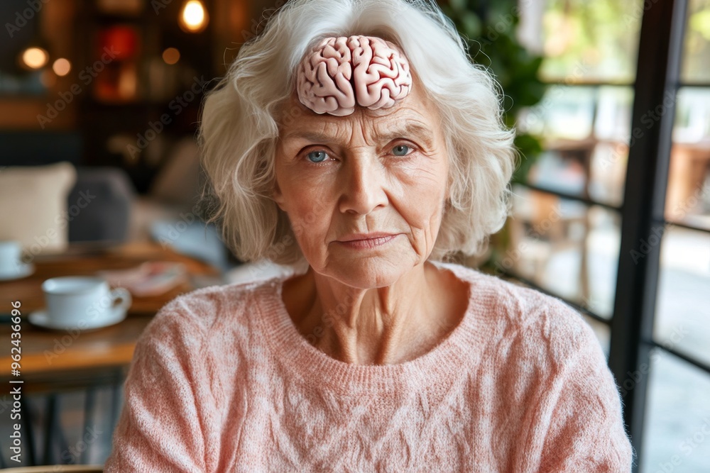 Poster brain framework thalamus elderly woman with a brain like pattern on her forehead illustrating the fo
