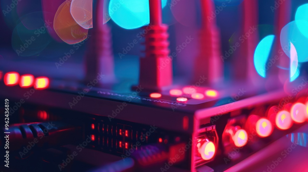 Poster close-up of network router with neon lights
