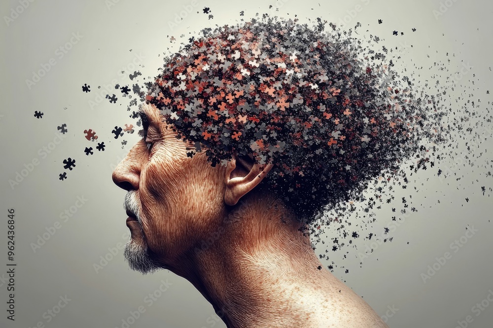 Poster thought organ thalamus elderly man with puzzle pieces dispersing from his head symbolizing the fragm