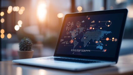 A laptop displaying a vibrant digital world map with data visualizations shines brightly in a modern workspace, accented by glowing lights and a peaceful atmosphere.