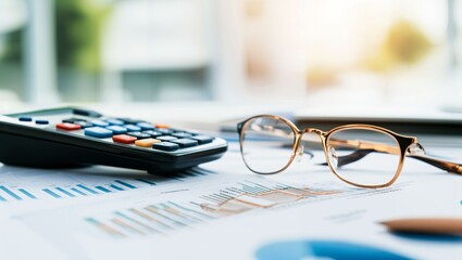 A Clear Focus on Numbers: An Engaging Workspace Featuring A Calculator, Reading Glasses, And Financial Reports That Inspire Productivity And Attention to Detail