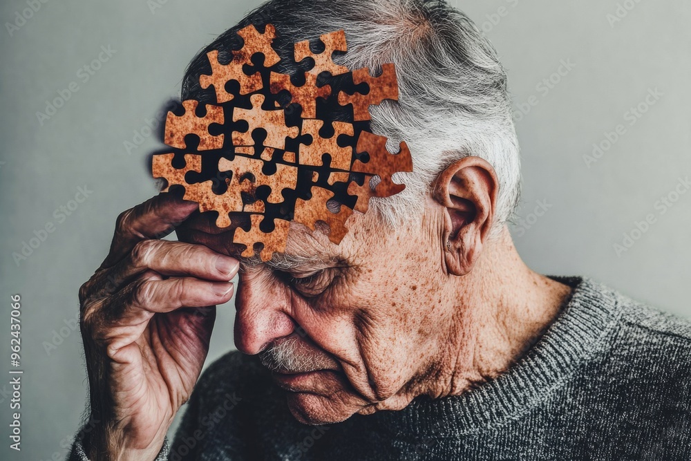 Wall mural Thought processor Thalamus Elderly man with puzzle pieces scattered on his head illustrating the disarray of memory identity and thoughts in the aging process in a textured composition