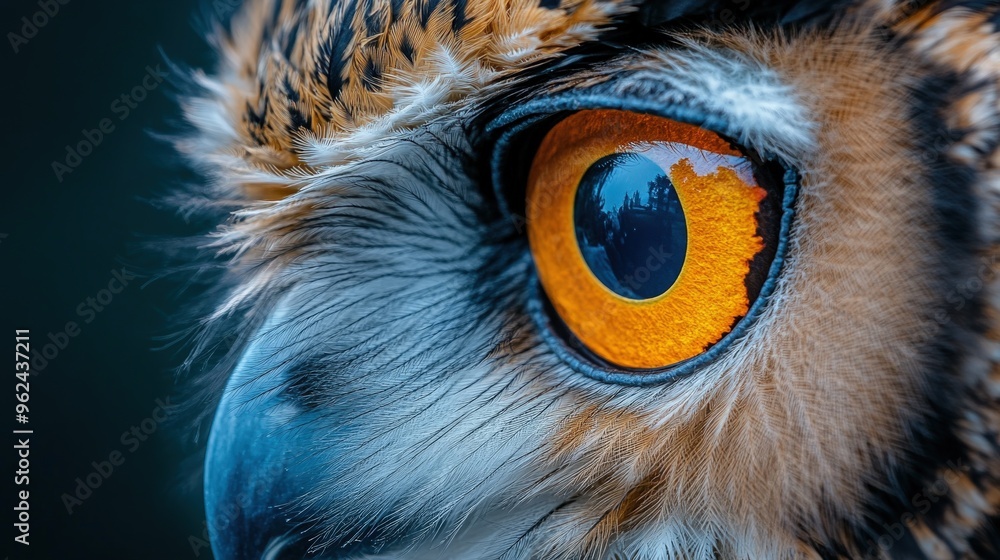 Wall mural Close-up of an owl's eye, featuring a bright yellow iris and a dark blue pupil, with detailed feathers surrounding it.