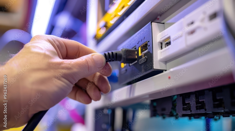Poster connecting ethernet cable to server