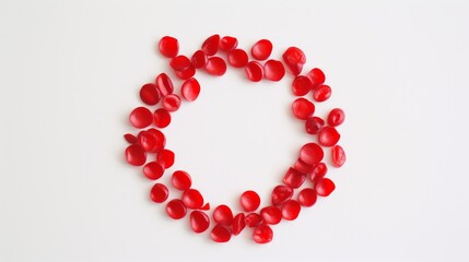 A simple yet elegant circle of red petals is arranged on a white background, highlighting the beauty of minimalism and natural elements. The vibrant red petals against the white backdrop create a