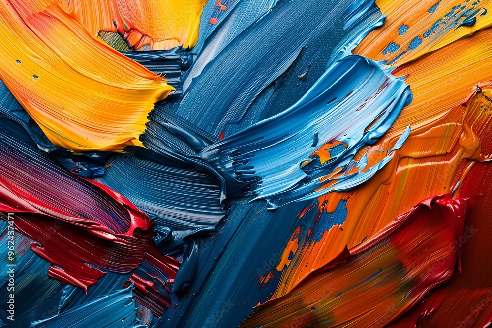 Poster vivid abstract painting with dynamic brush strokes and vibrant colors on canvas capturing creativity