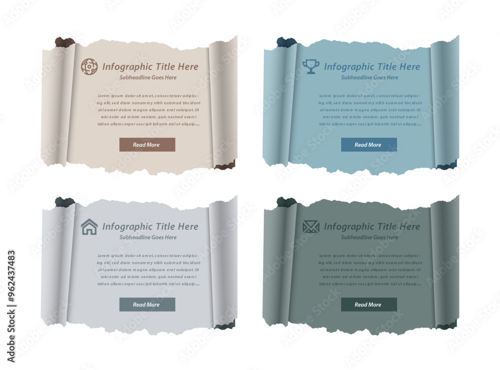 Poster modern infographics template torn paper style with icon and read more button. vector illustration. c
