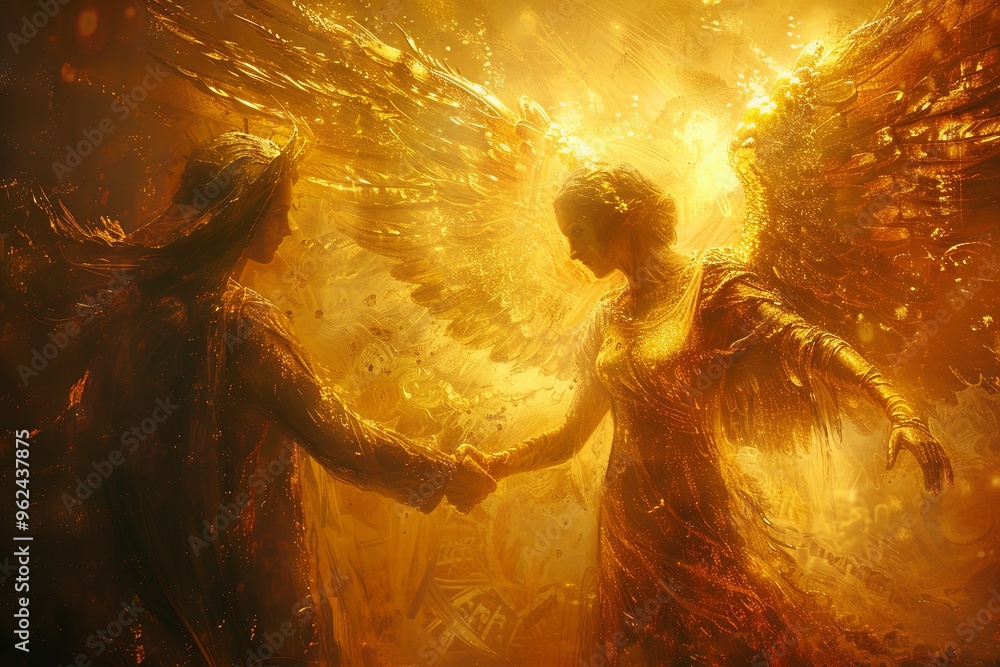 Poster a golden ethereal encounter between two celestial beings in an enchanting luminous setting at twilig