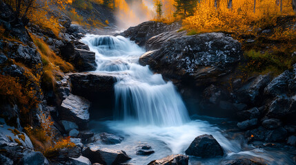 A beautiful autumn scene of a waterfall flowing over rocks with vibrant orange foliage, capturing the essence of nature's transition