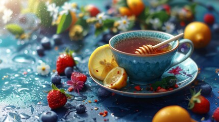 Fototapeta premium A vibrant tea scene with a blue cup of tea, a honey dipper resting on the rim, and a slice of lemon. The setup is surrounded by fresh berries, flowers, and citrus fruits, creating a colorful and