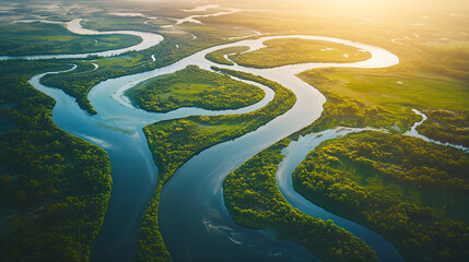 A stunning aerial view of meandering rivers weaving through lush green landscapes under a soft, golden sunset, capturing the harmony of nature
