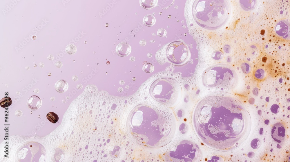 Poster a close-up of coffee bubbles with floating beans, set against a pastel purple background. the image 