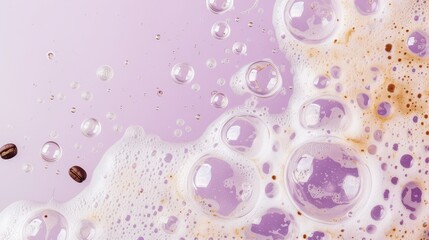 A close-up of coffee bubbles with floating beans, set against a pastel purple background. The image captures the playful interaction between the coffee elements and the soft, calming backdrop, making