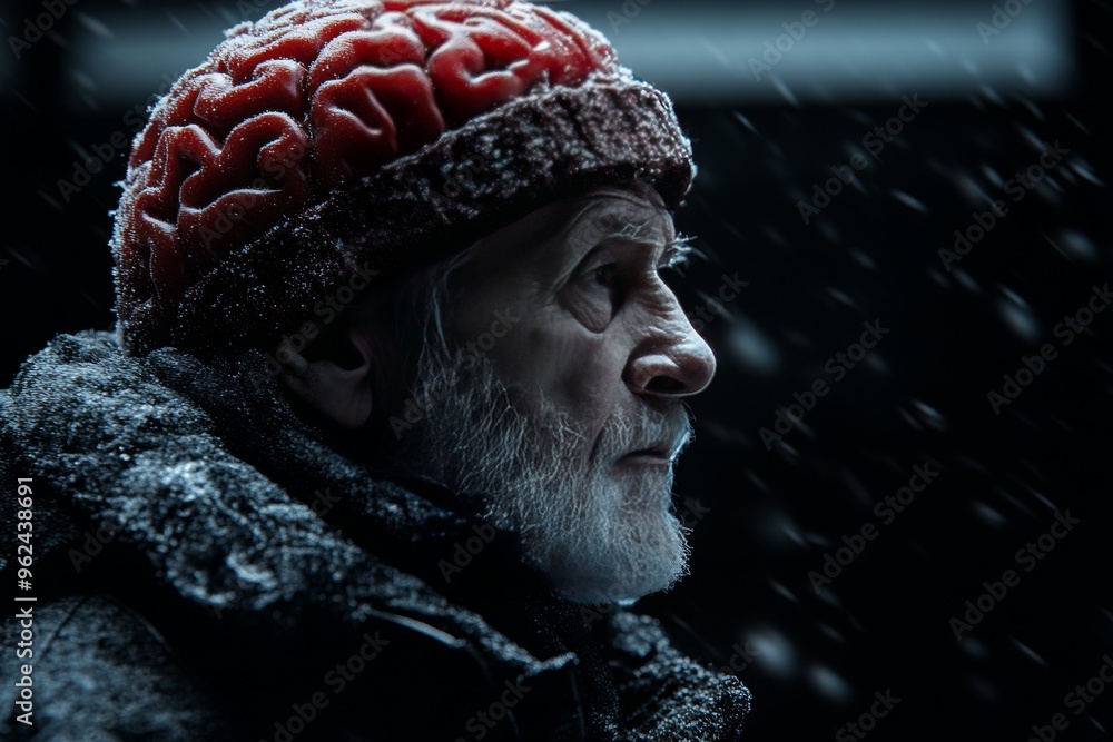 Poster Neural network system Hippocampus Elderly man with a knit hat and neural elements symbolizing the warmth of intellect memory and the passage of time in a reflective setting