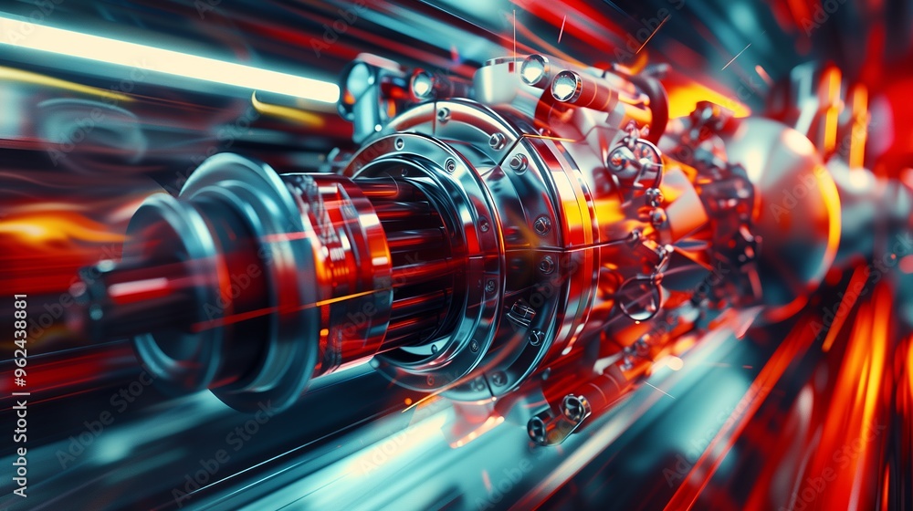Poster a close-up of a shiny, metallic machine part with red and blue light streaks.