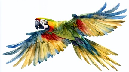 Fototapeta premium Watercolor painting of a colorful parrot in flight with its wings spread.