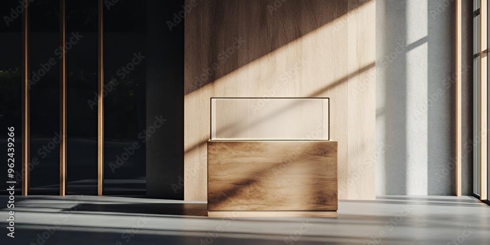 Poster minimalist wooden display shelf with a blank canvas in a modern interior.