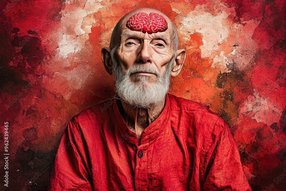 Poster cognitive apparatus amygdala elderly man in a red shirt with a brain patterned head symbolizing the 