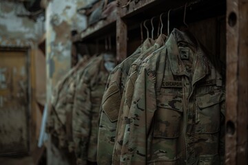 Military uniforms are displayed in a dimly lit space, showcasing the wear of time and service.