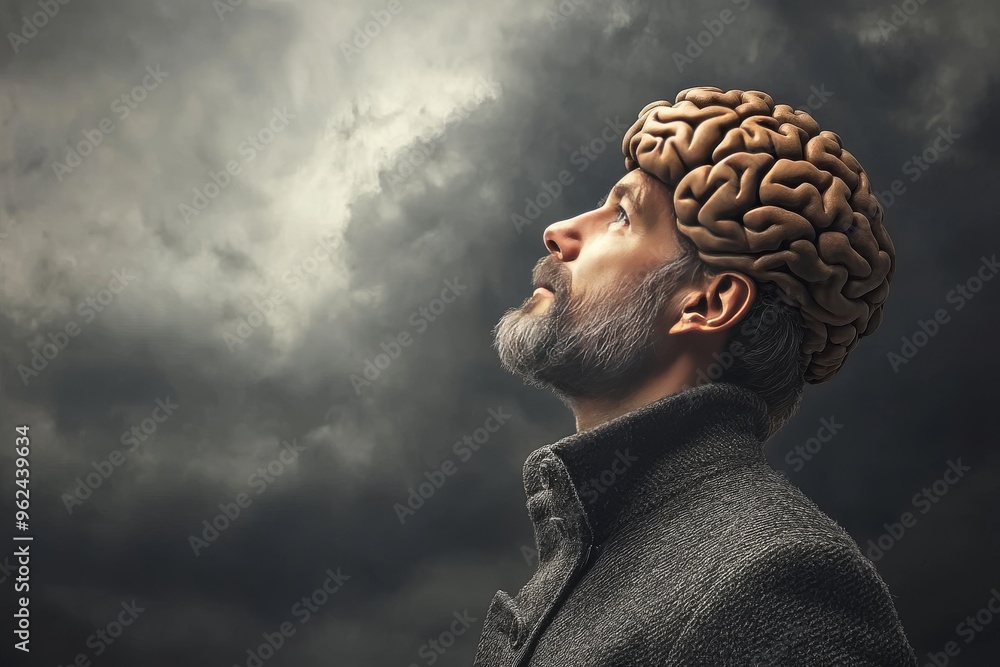 Poster glial cells amygdala elderly man with a brain patterned head looking upwards symbolizing the pursuit