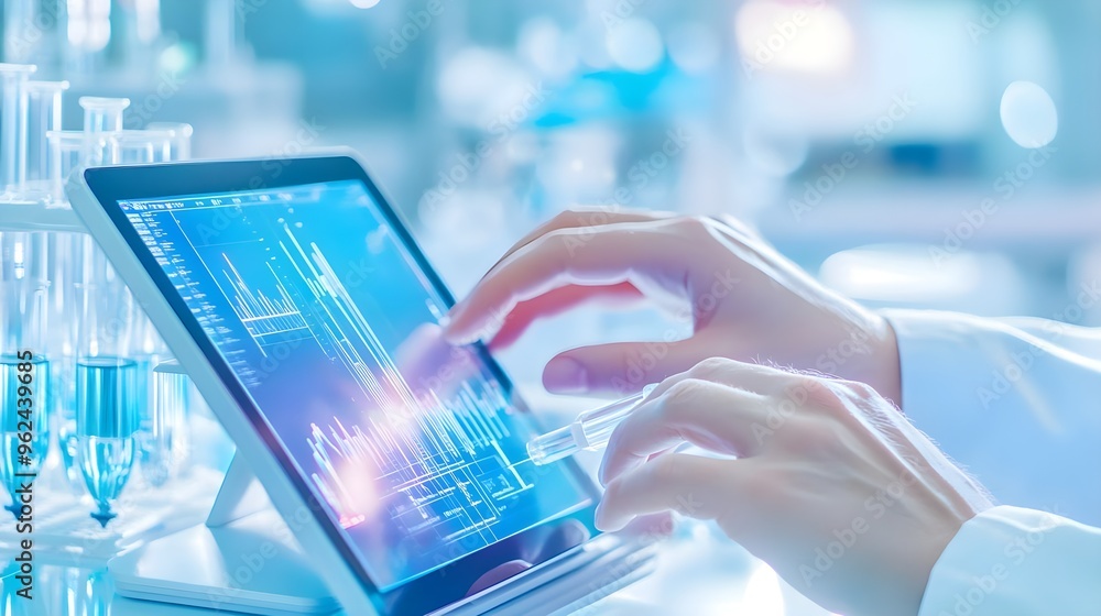 Poster scientist analyzing data on tablet in lab