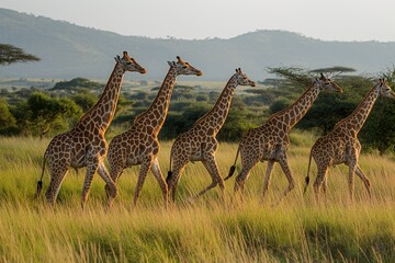 Obraz premium A group of giraffes strolls through tall grass in the African savannah during a serene evening.