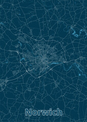 Norwich, United Kingdom artistic blueprint map poster