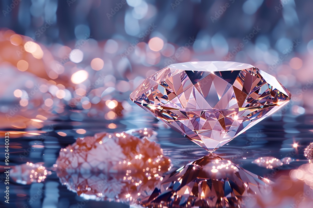 Poster a single diamond sits on a surface reflecting colorful bokeh lights.