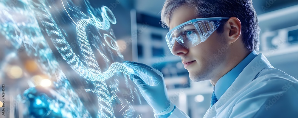 Poster scientist examining digital data in lab with holographic interface