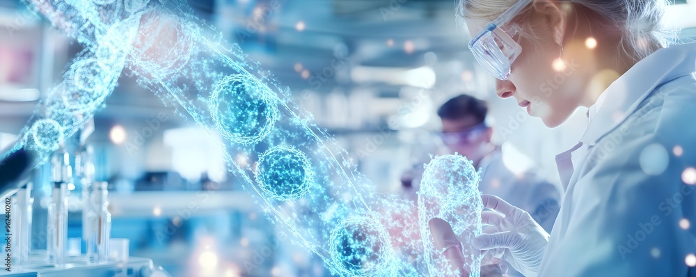 Poster scientist examining dna structure in lab