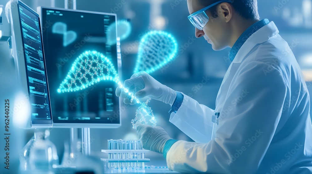 Poster scientist examining dna structure in lab