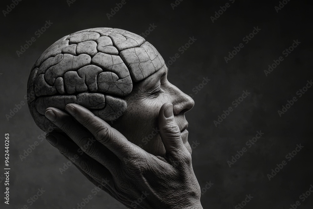 Poster brain cortex amygdala elderly man holding a brain model symbolizing the exploration of thought intel