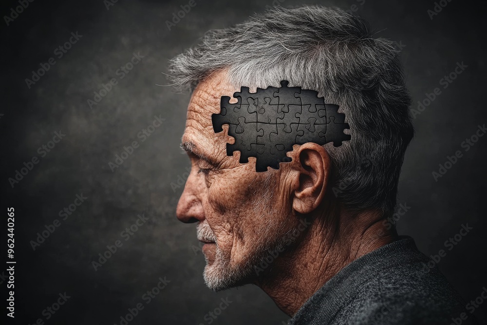 Poster thought organ amygdala elderly man with a cracked puzzle head illustrating the fragmentation of memo