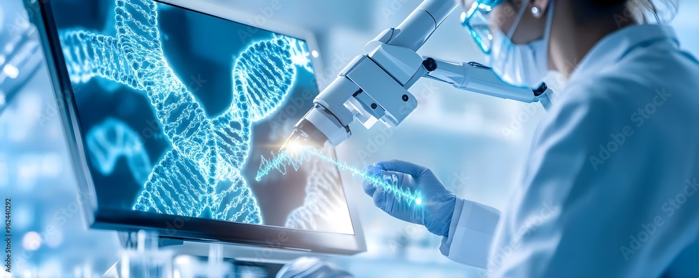 Poster scientist examining dna structure with advanced technology