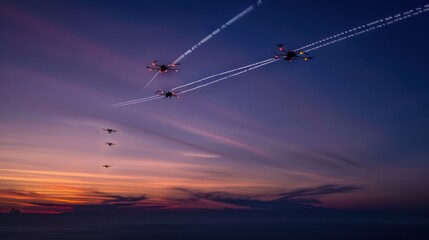 Drones Flying in Formation Against a Dramatic Sunset