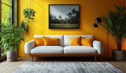 Fototapeta premium Modern Living Room with Yellow Walls and White Sofa