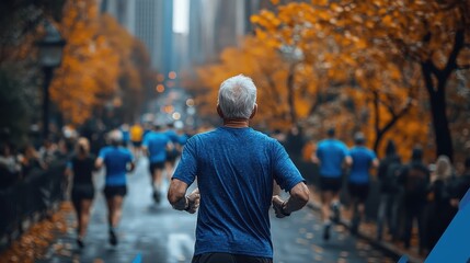 Elderly Man with Short White Hair Wearing a Blue T-Shirt Running on a City Street During a Marathon Race, Back View Focus with Blurred Background of Fellow Runners

