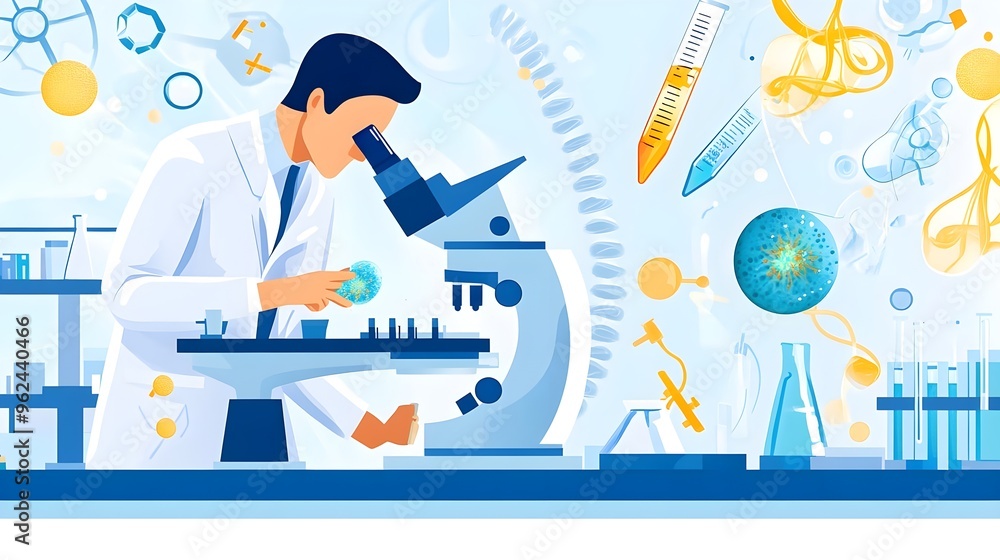 Poster scientist examining sample under microscope in lab